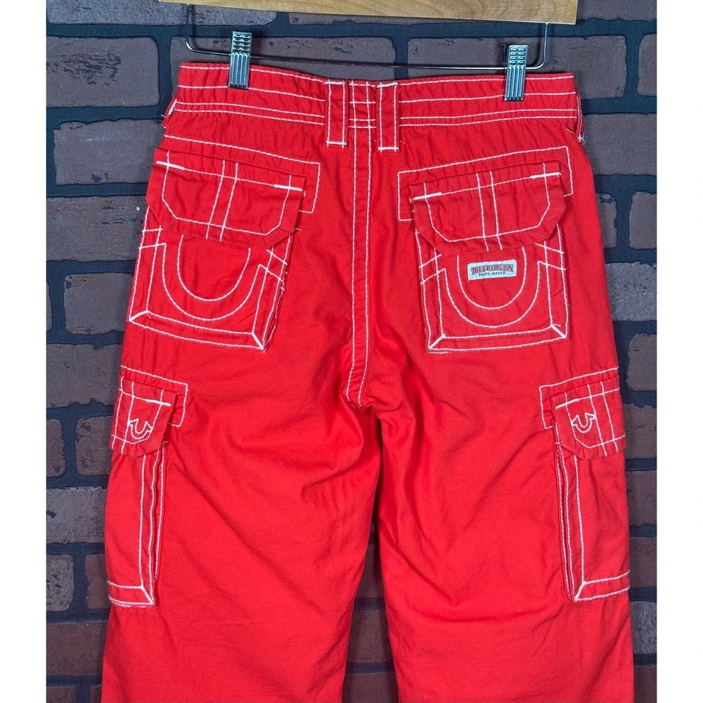 True Religion Cargo Big T Pants Red Military Streetwear Utility Cotton Womens 24
